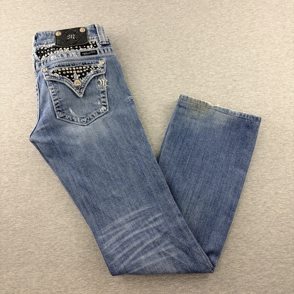 Miss Me Size 29 Bootcut Jeans Blue Distressed Rhinestone Flap Pockets JP5002-16